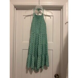 American Eagle Womens Green White Floral Smocked High Neck Tie Dress Size Medium